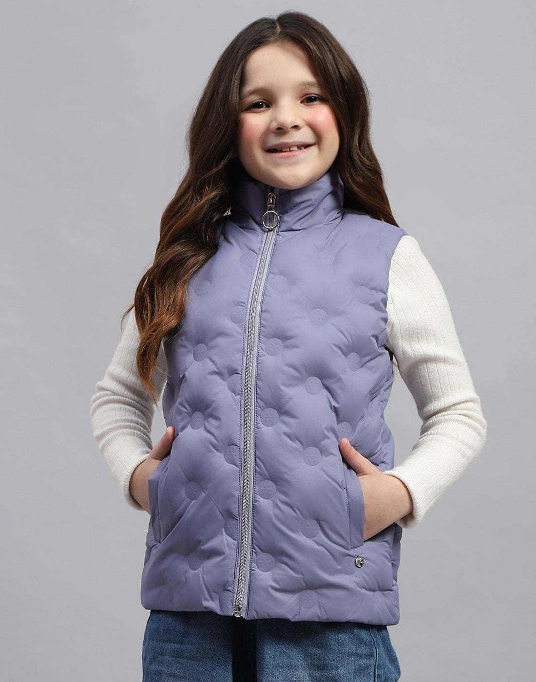 Girls Purple Polka Dots High Neck Sleeveless Jacket