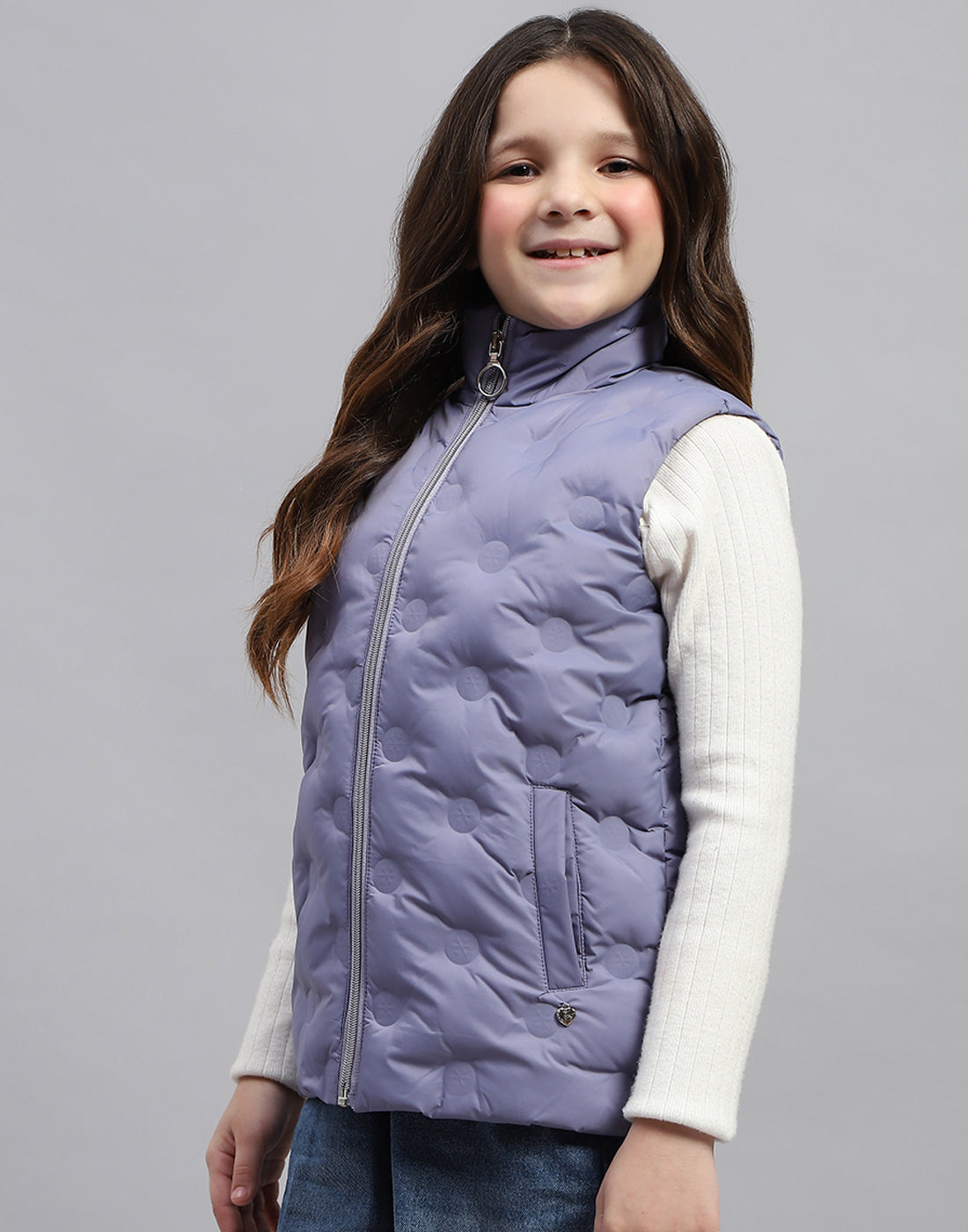 Girls Purple Polka Dots High Neck Sleeveless Jacket