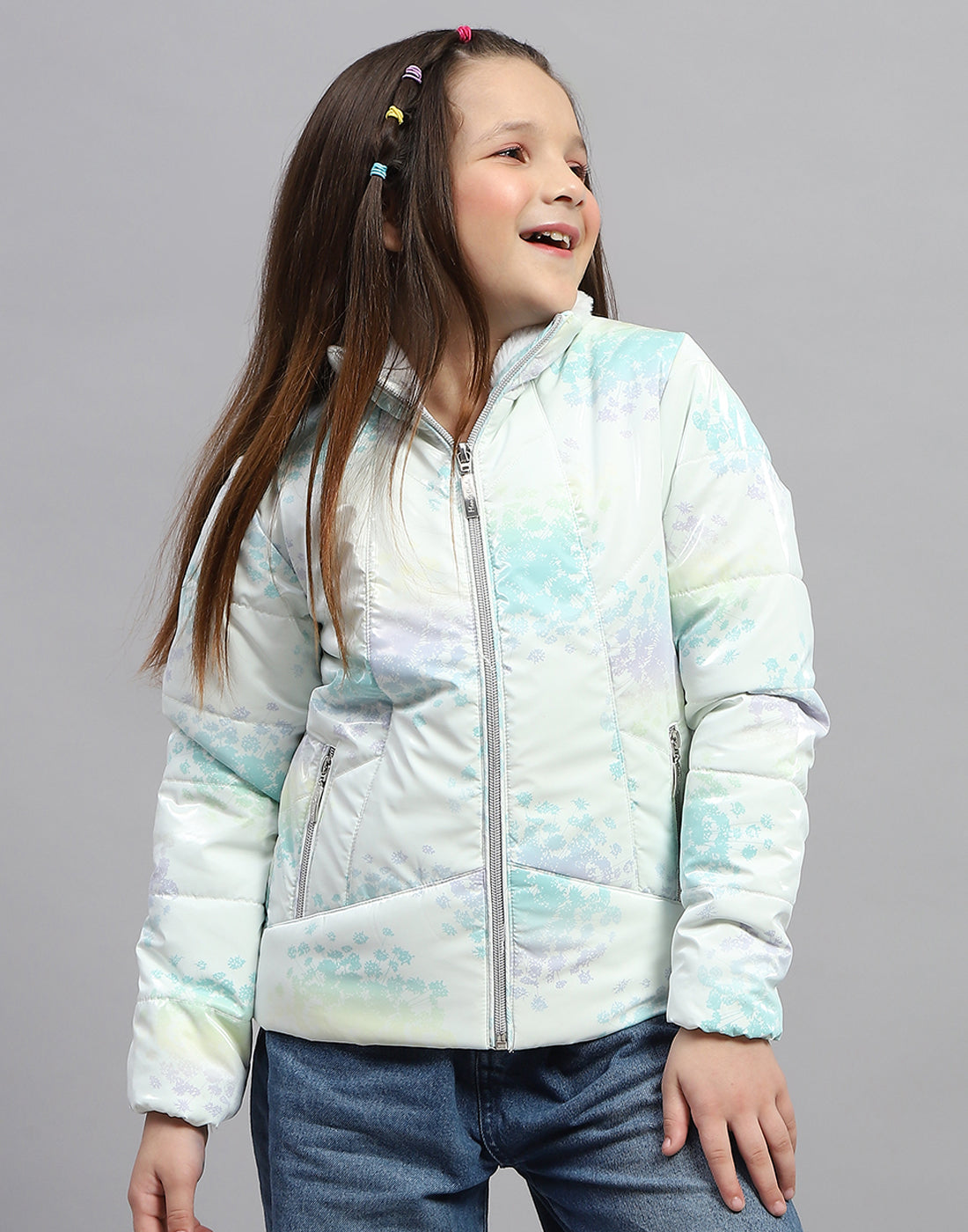 Girls Light Green Printed High Neck Full Sleeve Jacket