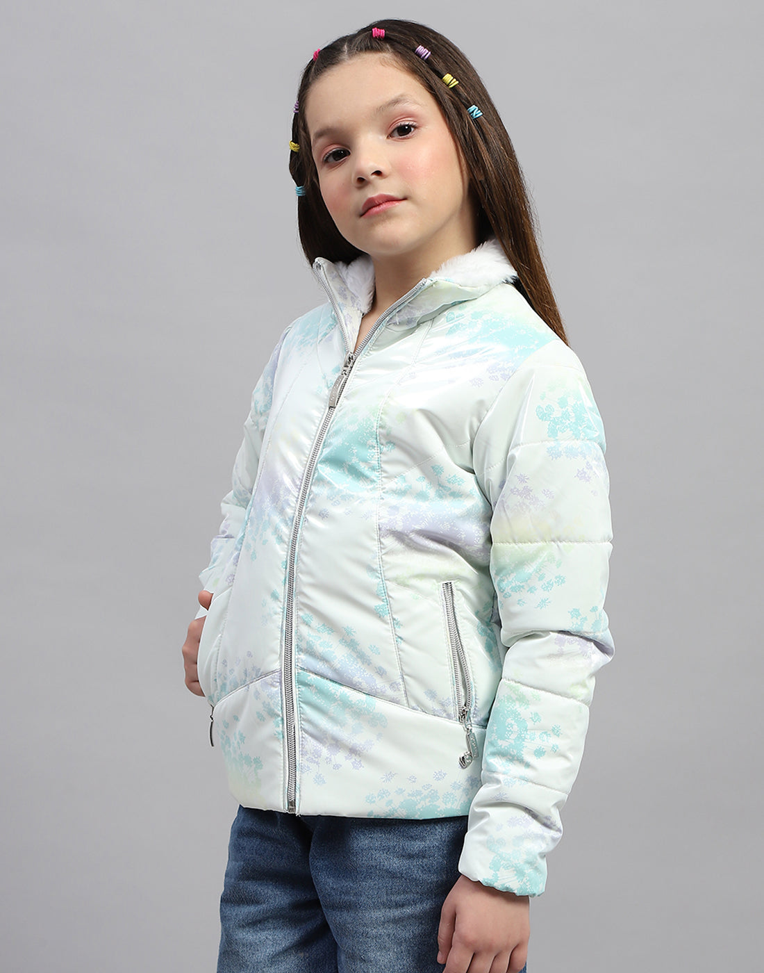 Girls Light Green Printed High Neck Full Sleeve Jacket