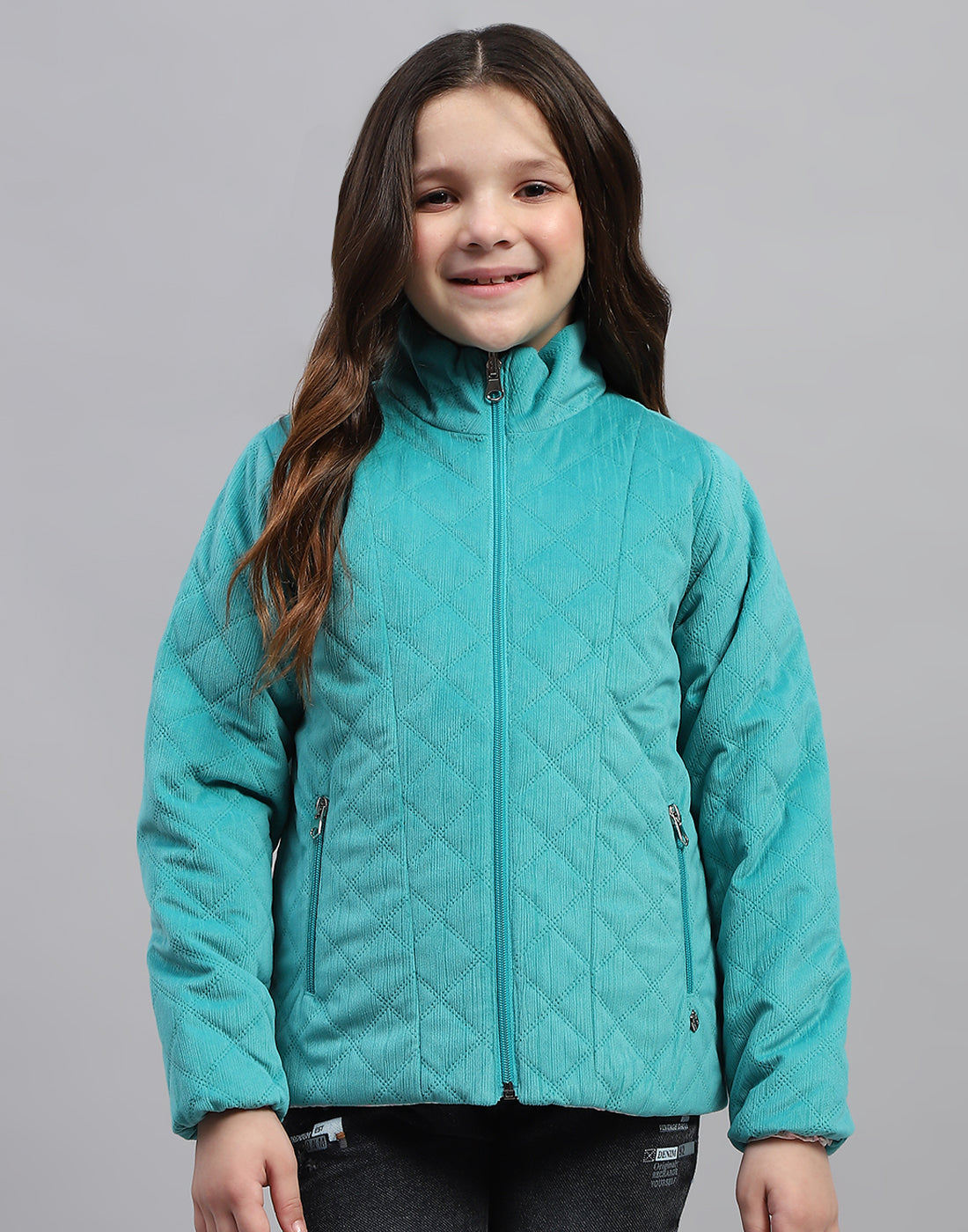 Girls Teal Blue Solid Mock Neck Full Sleeve Jacket