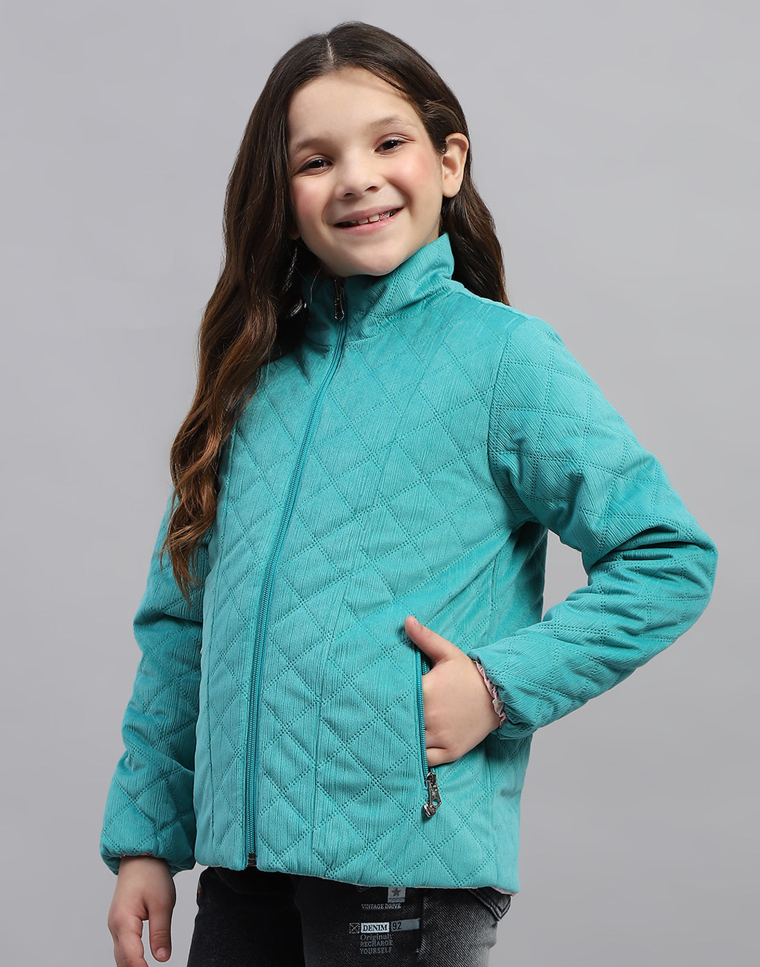 Girls Teal Blue Solid Mock Neck Full Sleeve Jacket