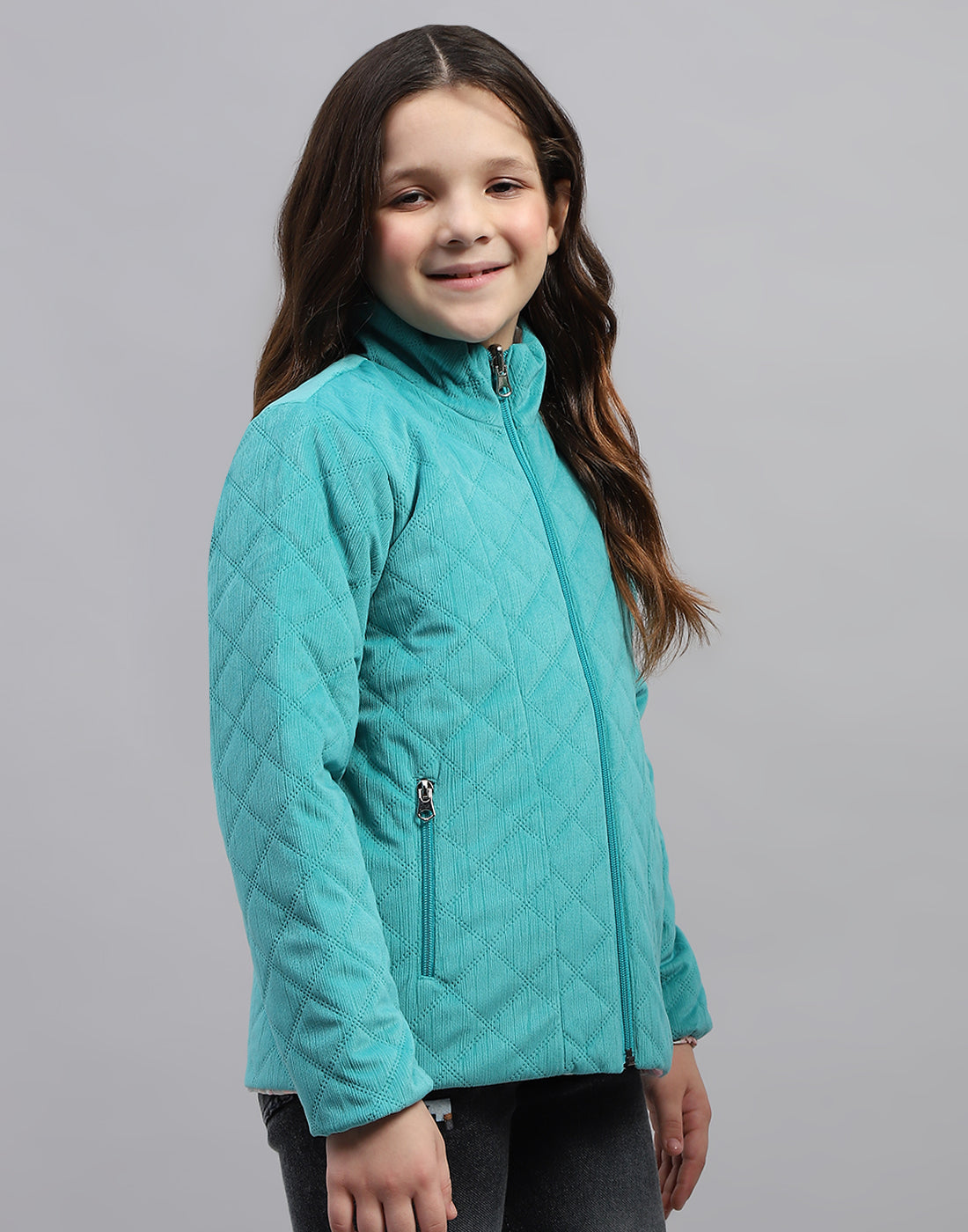 Girls Teal Blue Solid Mock Neck Full Sleeve Jacket