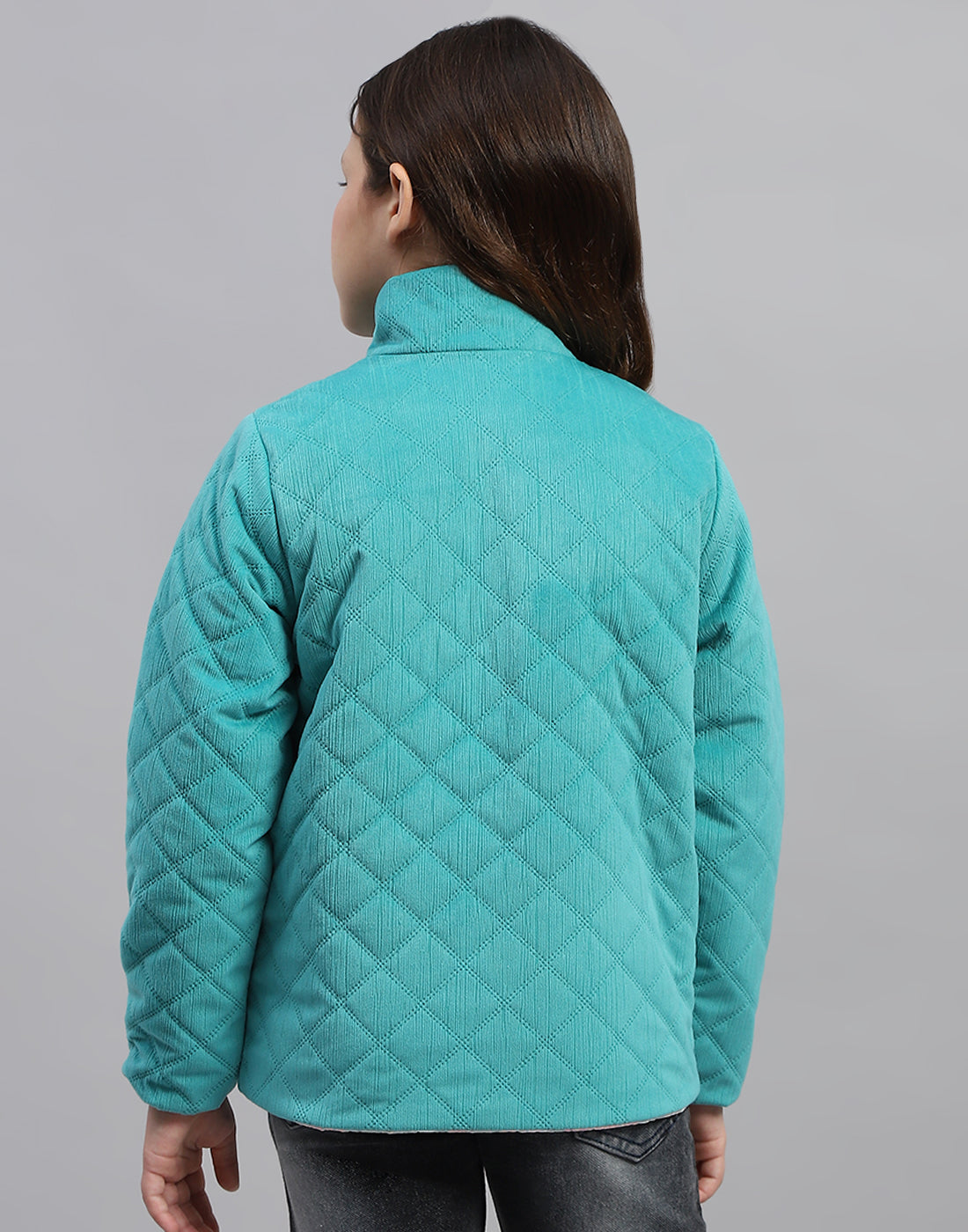 Girls Teal Blue Solid Mock Neck Full Sleeve Jacket