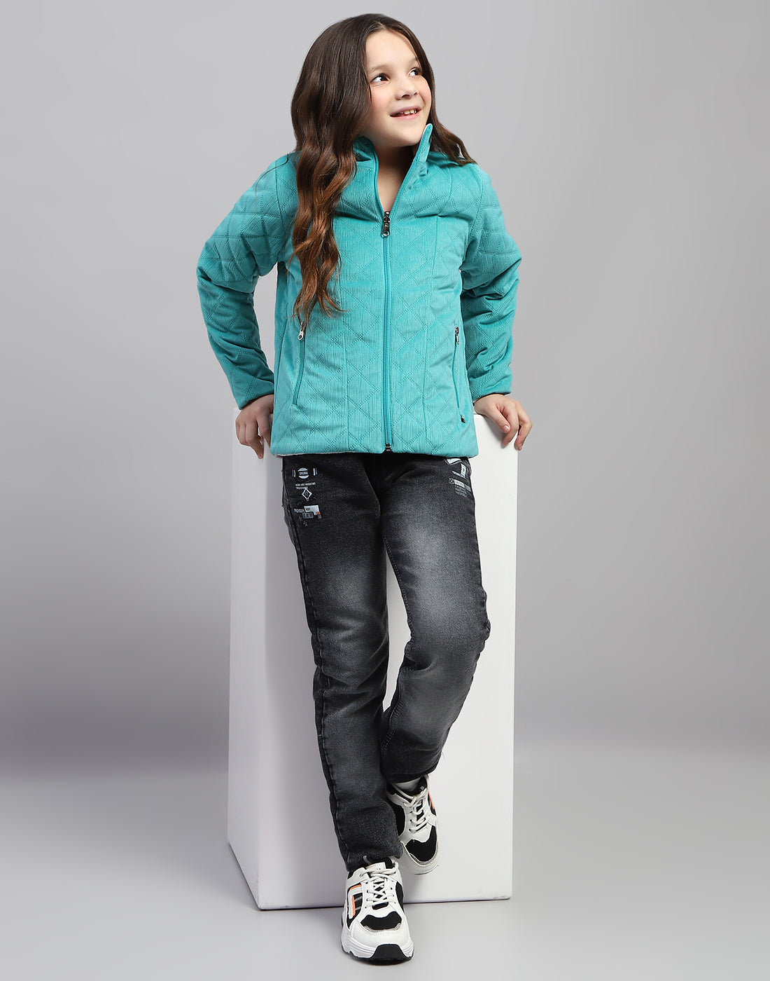 Girls Teal Blue Solid Mock Neck Full Sleeve Jacket