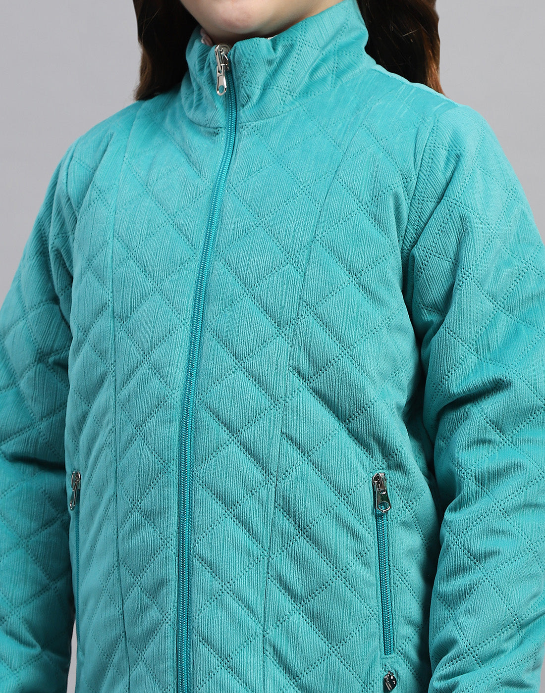 Girls Teal Blue Solid Mock Neck Full Sleeve Jacket