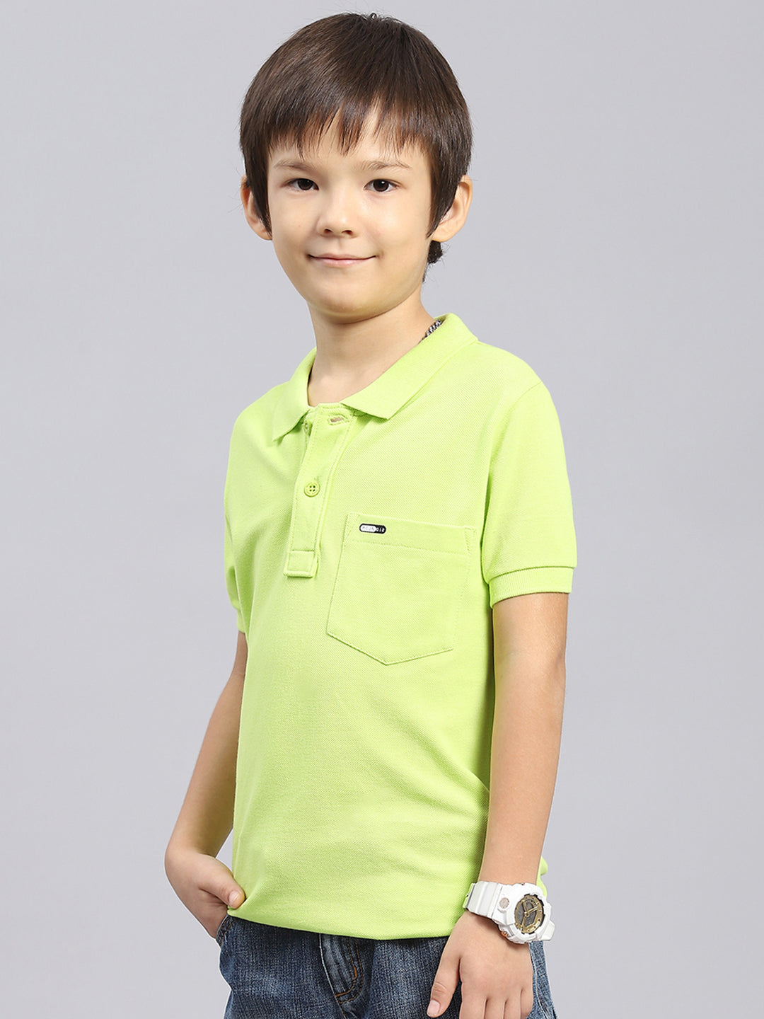 Boys Green Solid Collar Half Sleeve T-Shirt