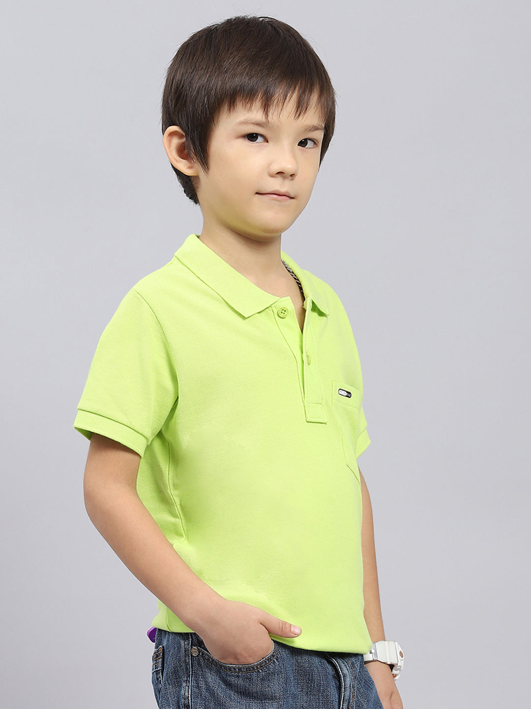 Boys Green Solid Collar Half Sleeve T-Shirt