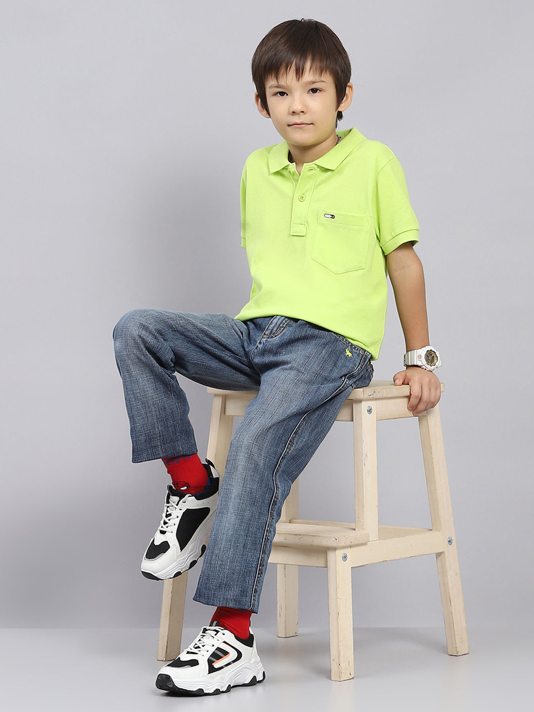 Boys Green Solid Collar Half Sleeve T-Shirt