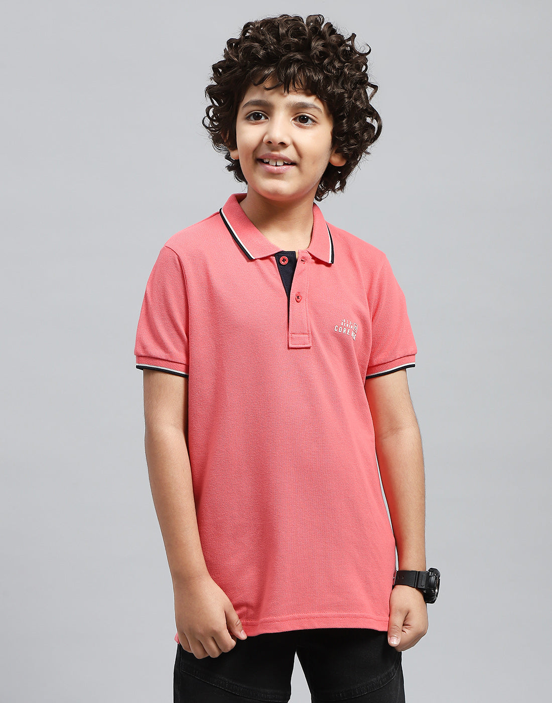 Boys Pink Solid Polo Collar Half Sleeve T-Shirt