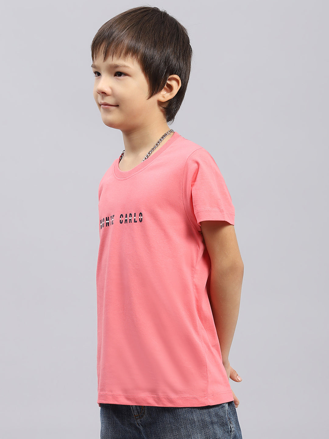 Boys Pink Printed Round Neck Half Sleeve T-Shirt