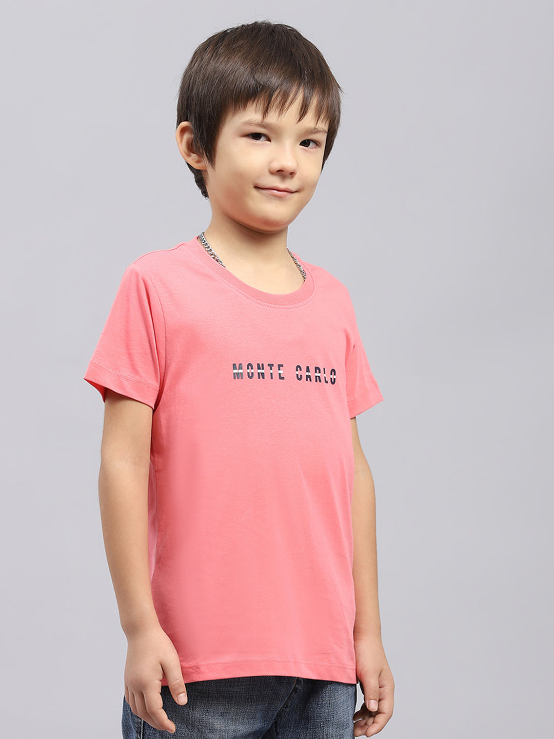 Boys Pink Printed Round Neck Half Sleeve T-Shirt