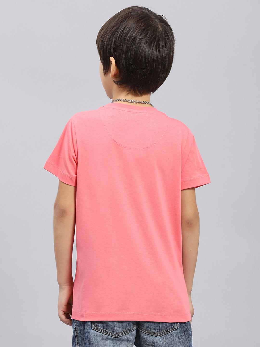 Boys Pink Printed Round Neck Half Sleeve T-Shirt