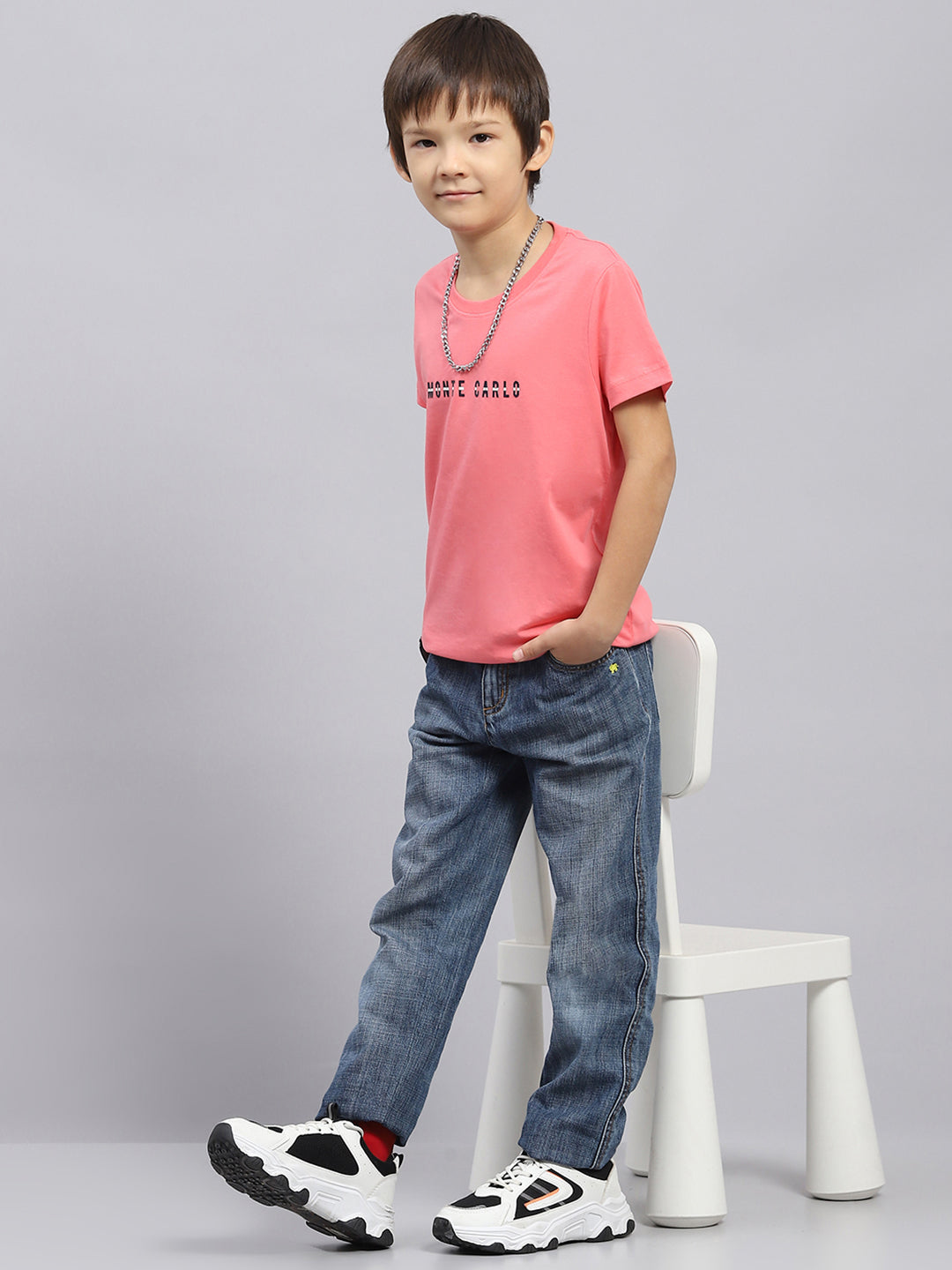 Boys Pink Printed Round Neck Half Sleeve T-Shirt