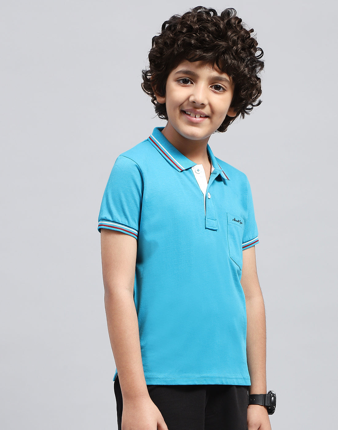 Boys Blue Solid Polo Collar Half Sleeve T-Shirt