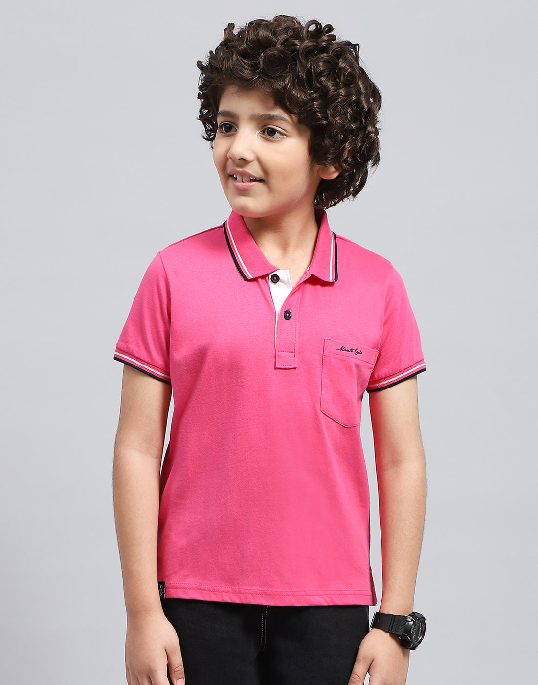 Boys Pink Solid Polo Collar Half Sleeve T-Shirt