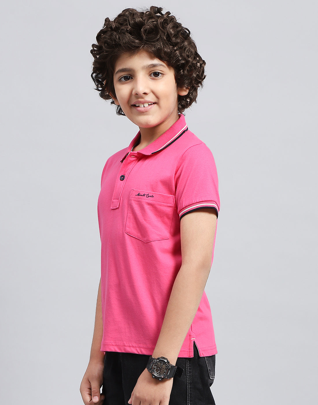 Boys Pink Solid Polo Collar Half Sleeve T-Shirt