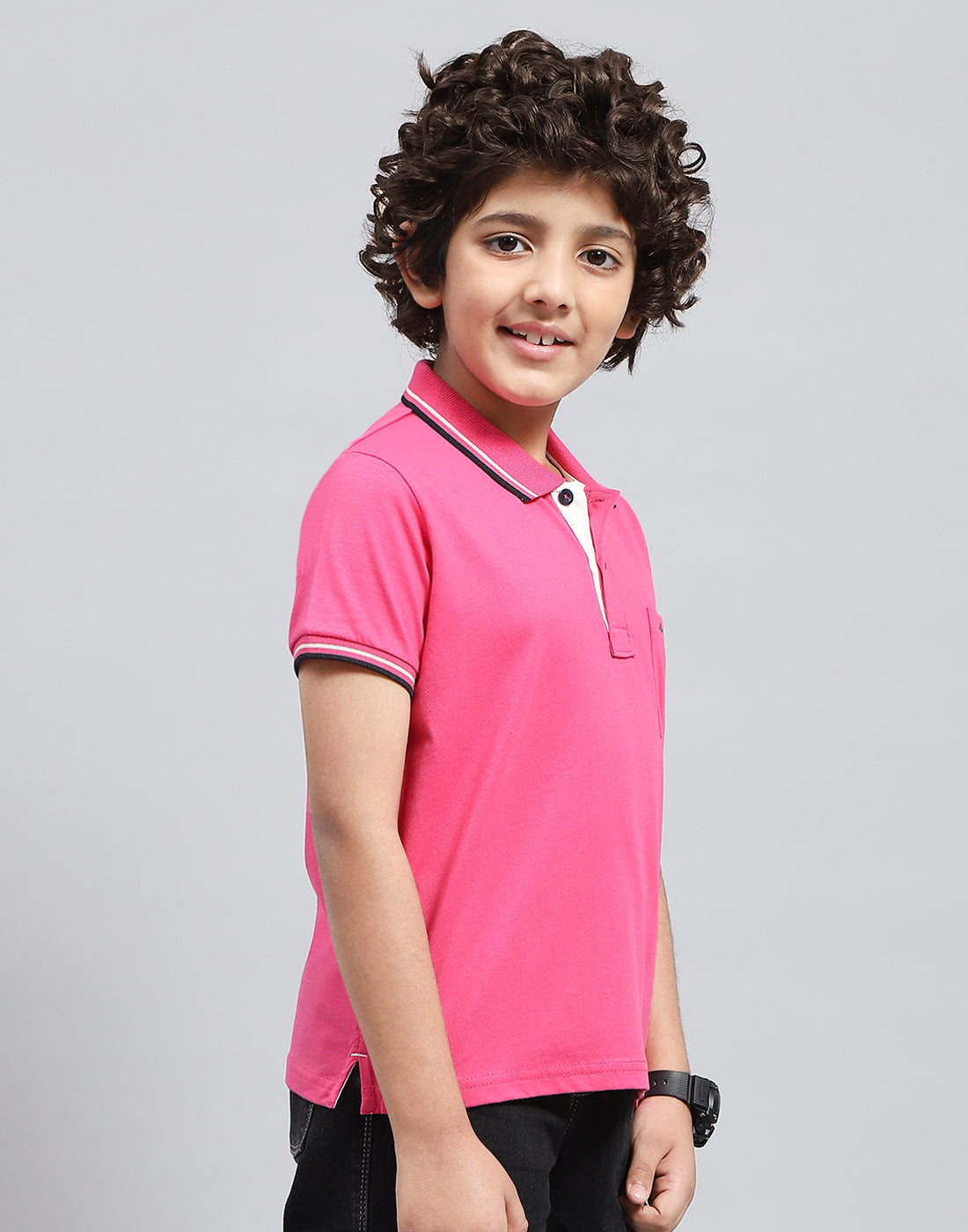 Boys Pink Solid Polo Collar Half Sleeve T-Shirt