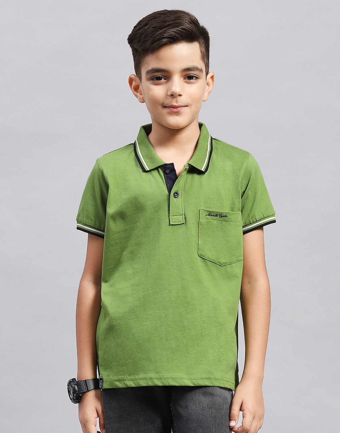 Boys Green Printed Polo Collar Half Sleeve T-Shirt