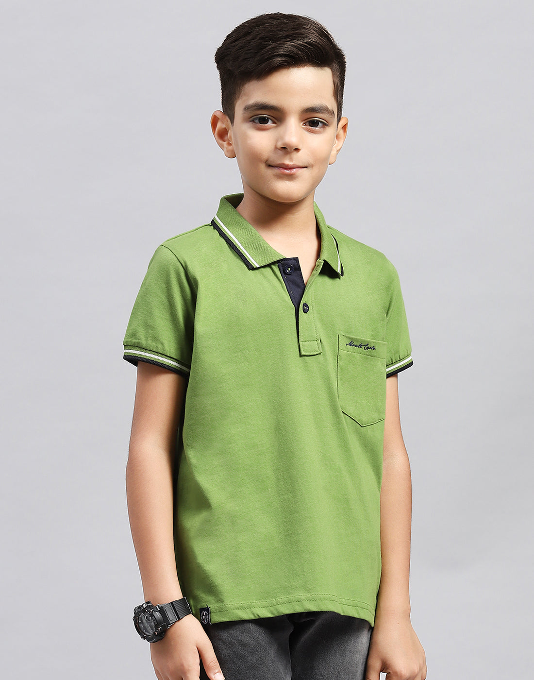 Boys Green Printed Polo Collar Half Sleeve T-Shirt