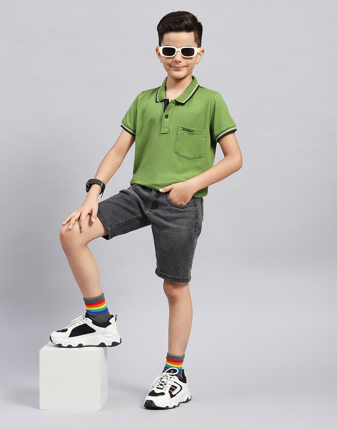 Boys Green Printed Polo Collar Half Sleeve T-Shirt