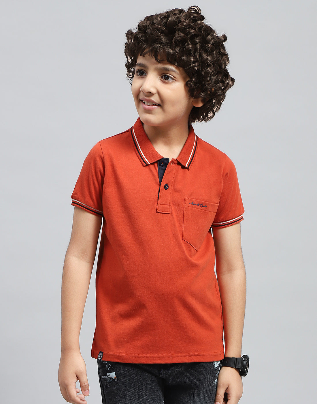 Boys Orange Solid Polo Collar Half Sleeve T-Shirt