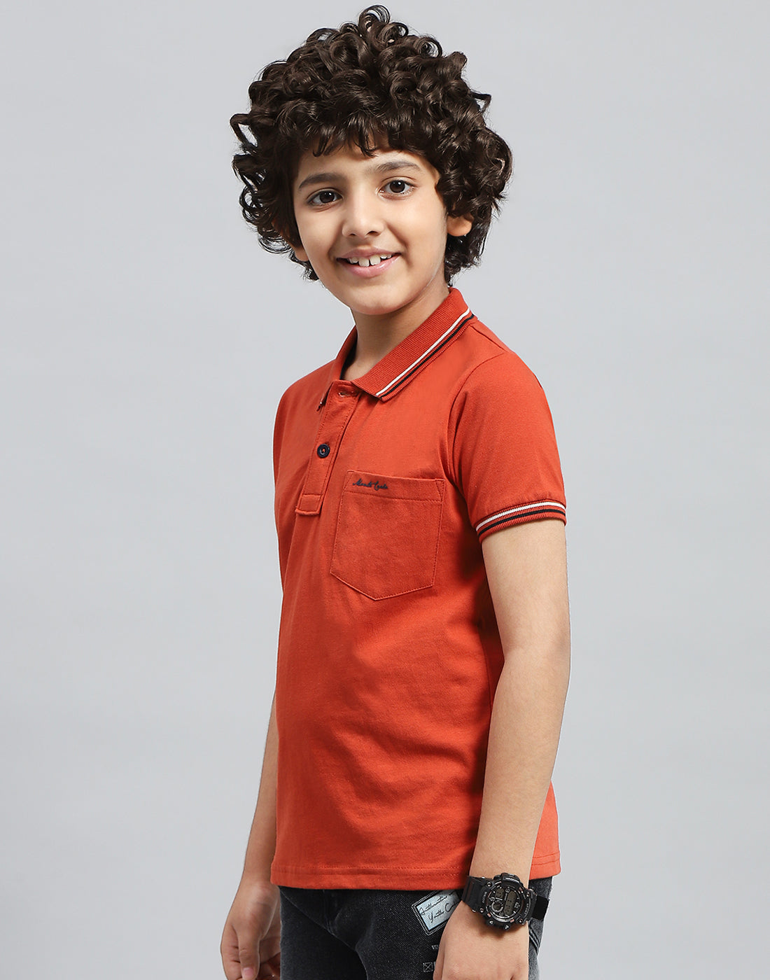 Boys Orange Solid Polo Collar Half Sleeve T-Shirt