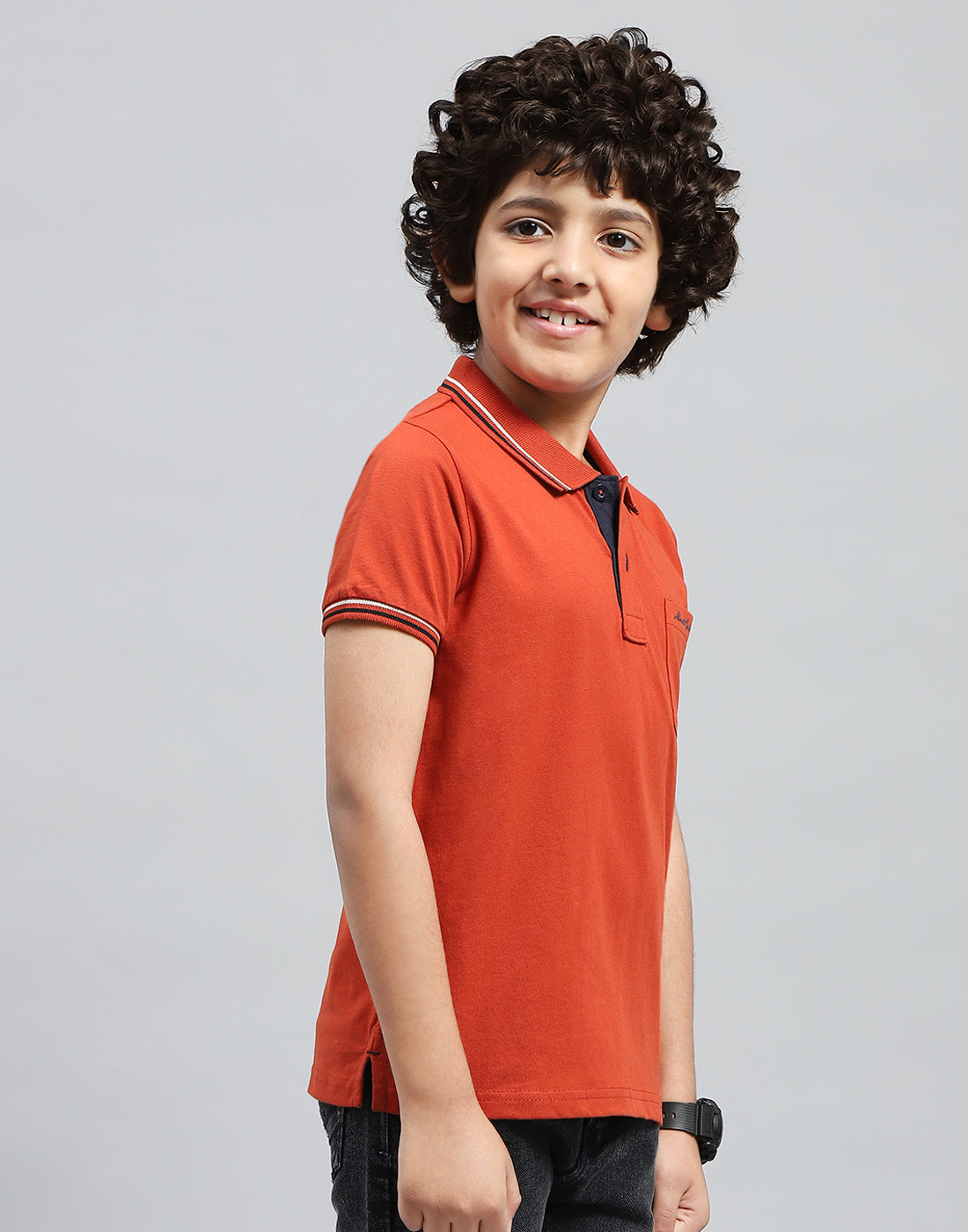 Boys Orange Solid Polo Collar Half Sleeve T-Shirt