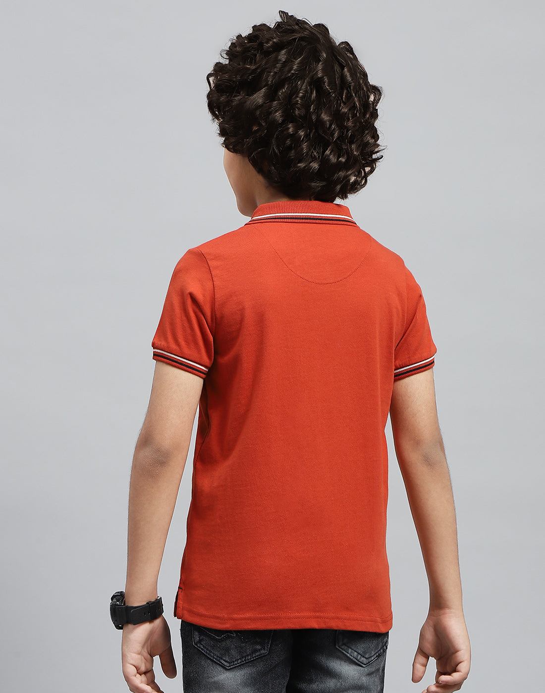 Boys Orange Solid Polo Collar Half Sleeve T-Shirt