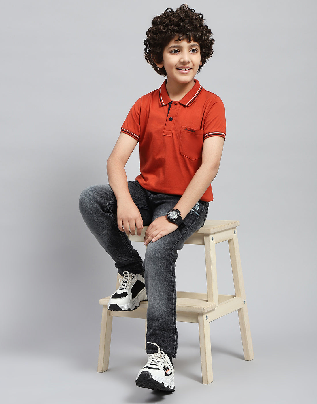 Boys Orange Solid Polo Collar Half Sleeve T-Shirt