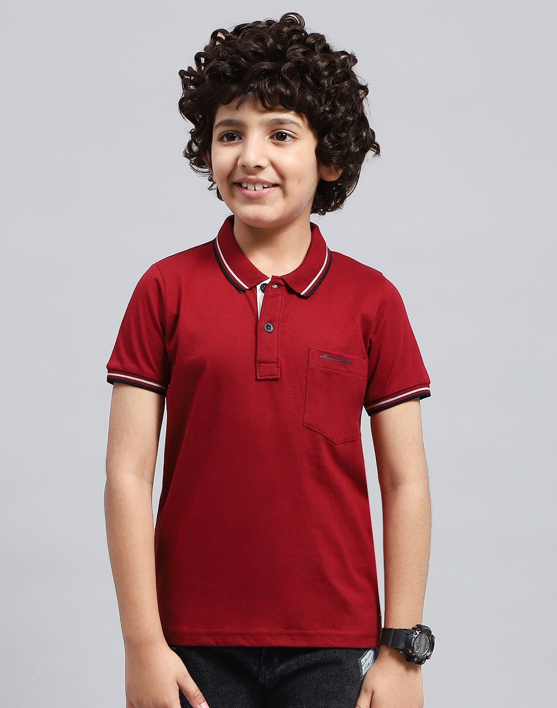 Boys Maroon Solid Polo Collar Half Sleeve T-Shirt