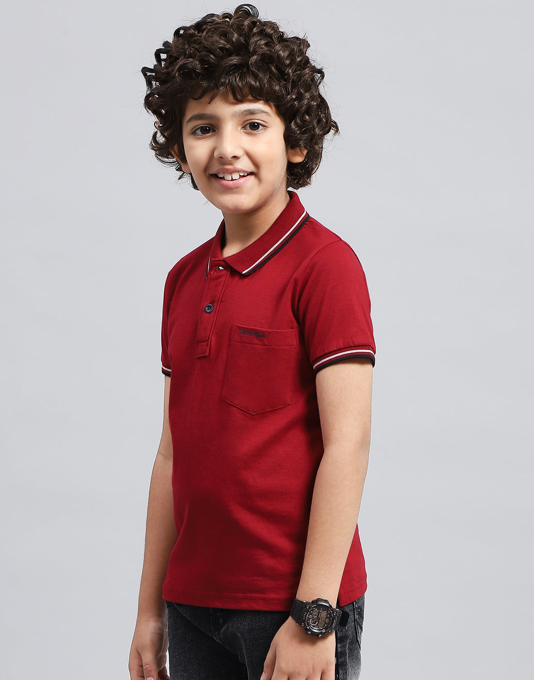 Boys Maroon Solid Polo Collar Half Sleeve T-Shirt