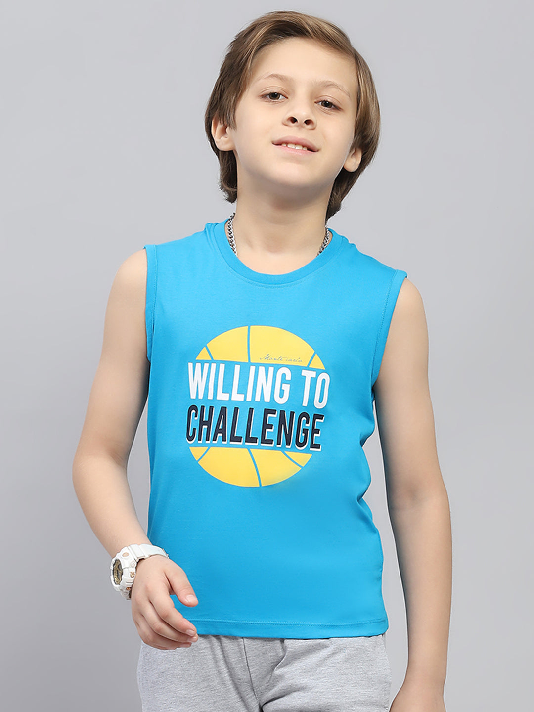 Boys Orange & Blue Printed Round Neck Sleeveless T-Shirt (Pack of 2)