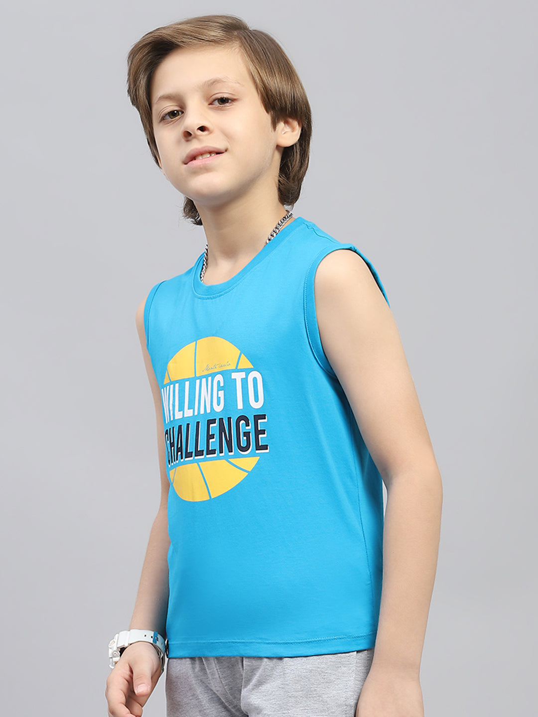 Boys Orange & Blue Printed Round Neck Sleeveless T-Shirt (Pack of 2)