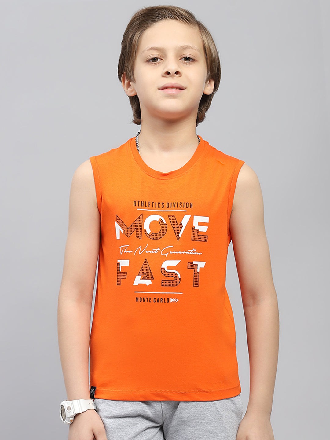 Boys Orange & Blue Printed Round Neck Sleeveless T-Shirt (Pack of 2)