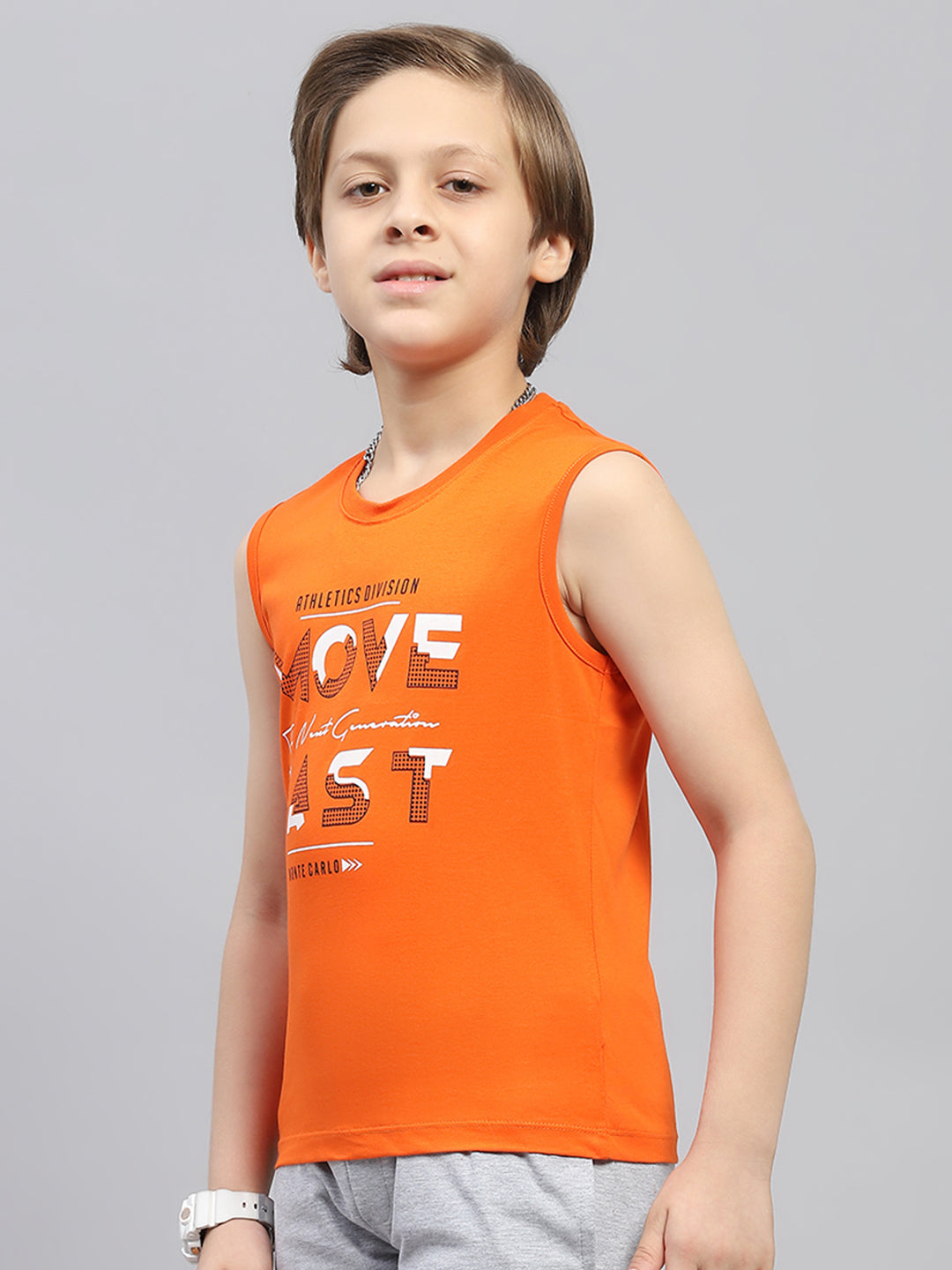 Boys Orange & Blue Printed Round Neck Sleeveless T-Shirt (Pack of 2)