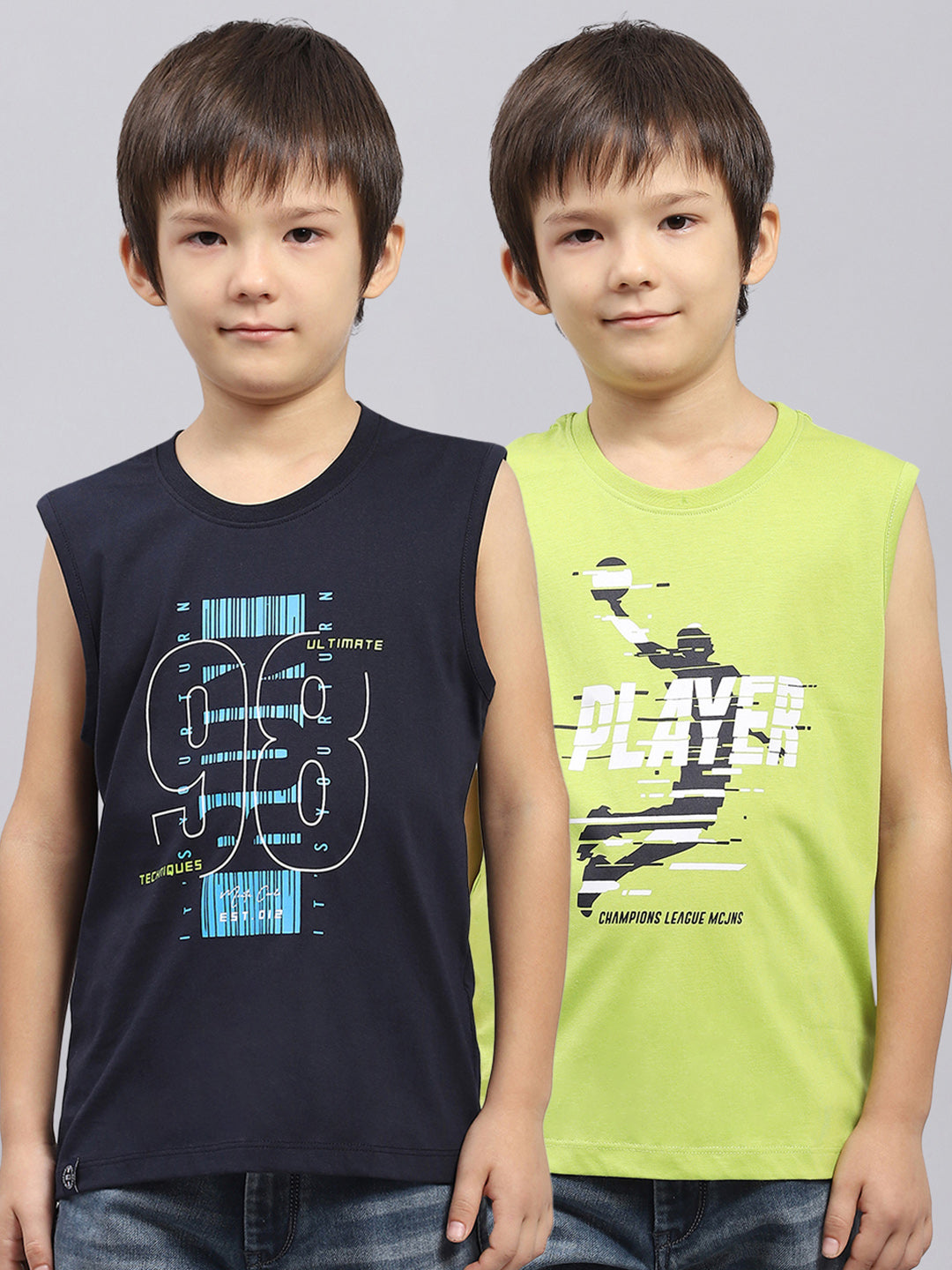 Boys Navy Blue & Green Printed Round Neck Sleeveless T-Shirt (Pack of 2)