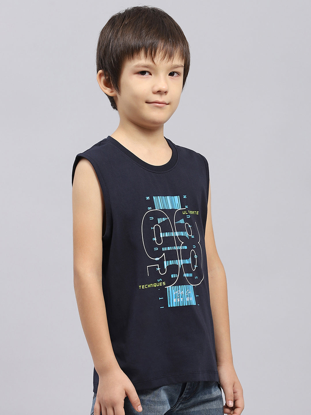 Boys Navy Blue & Green Printed Round Neck Sleeveless T-Shirt (Pack of 2)