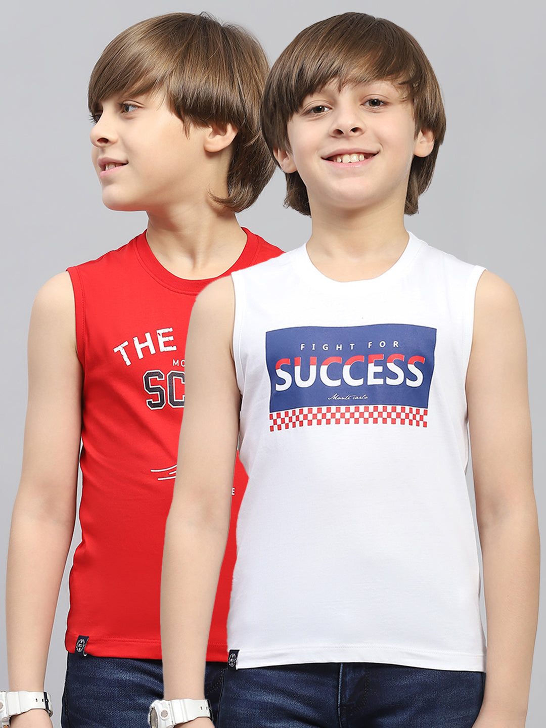 Boys Red & White Printed Round Neck Sleeveless T-Shirt (Pack of 2)