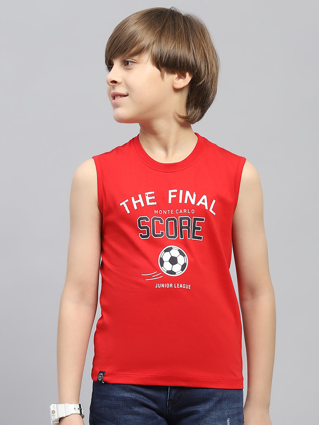 Boys Red & White Printed Round Neck Sleeveless T-Shirt (Pack of 2)