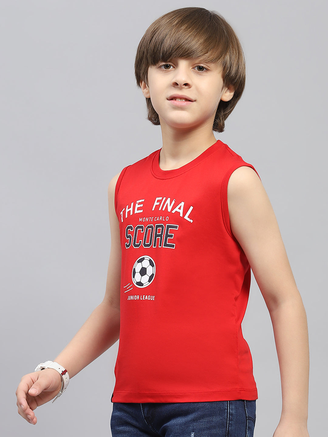 Boys Red & White Printed Round Neck Sleeveless T-Shirt (Pack of 2)