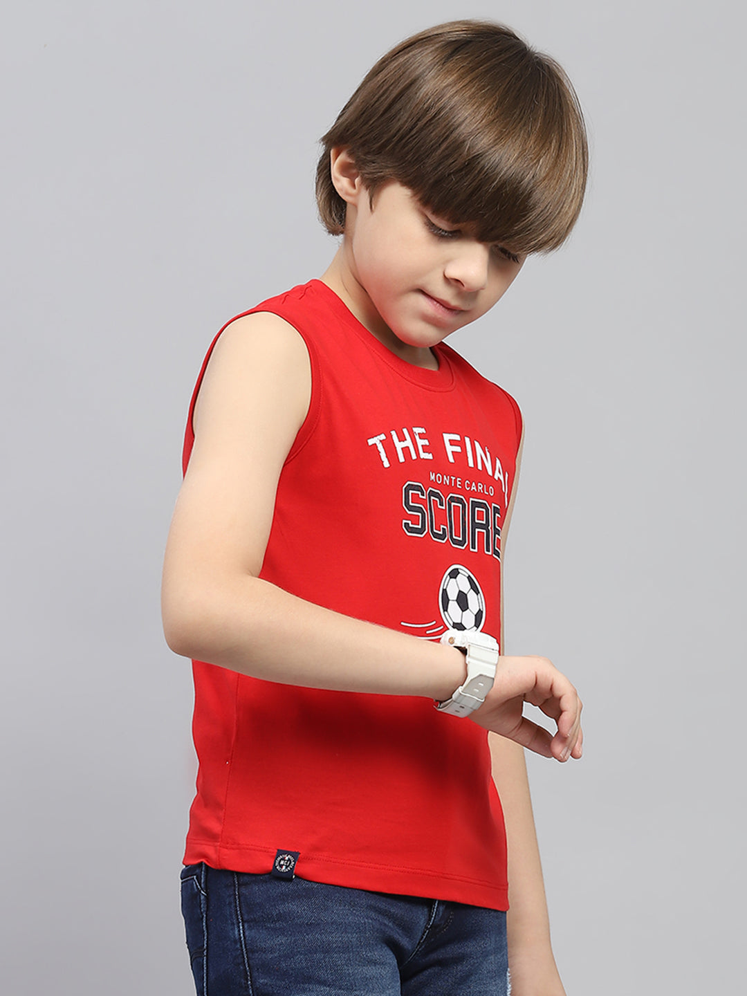 Boys Red & White Printed Round Neck Sleeveless T-Shirt (Pack of 2)