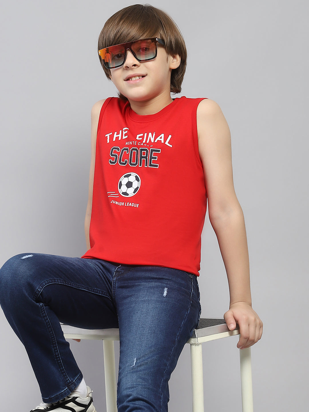 Boys Red & White Printed Round Neck Sleeveless T-Shirt (Pack of 2)