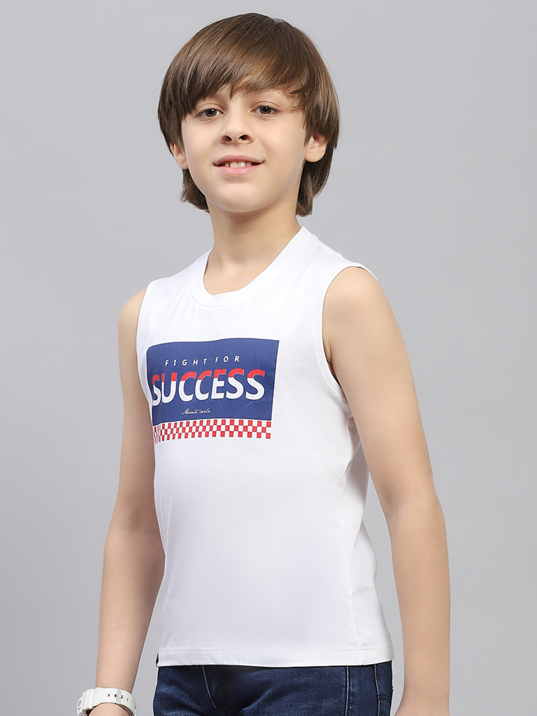 Boys Red & White Printed Round Neck Sleeveless T-Shirt (Pack of 2)