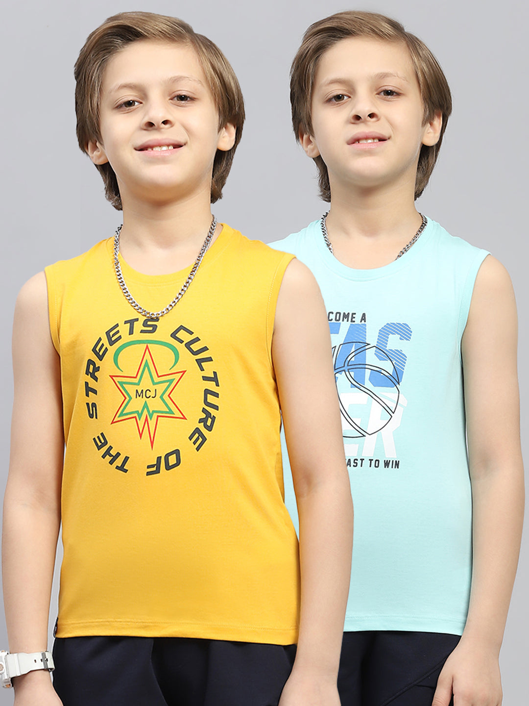 Boys Mustard & Blue Printed Round Neck Sleeveless T-Shirt (Pack of 2)