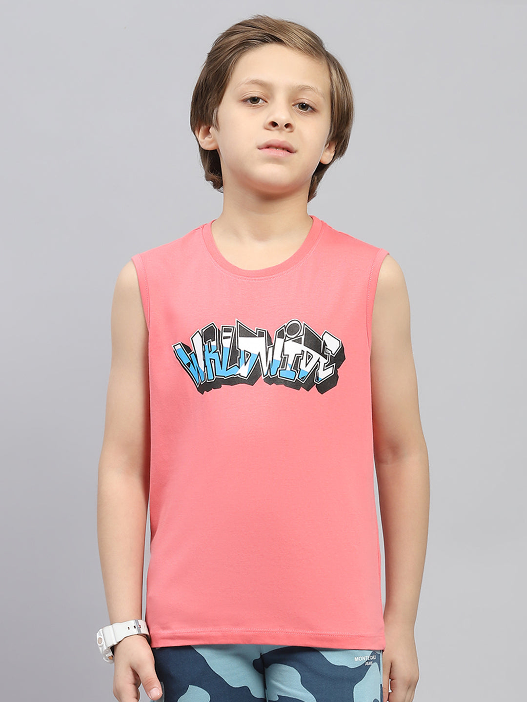 Boys Pink & Black Printed Round Neck Sleeveless T-Shirt (Pack of 2)