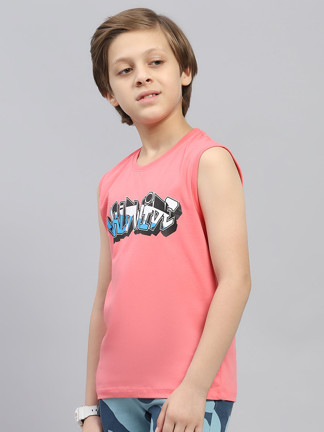 Boys Pink & Black Printed Round Neck Sleeveless T-Shirt (Pack of 2)