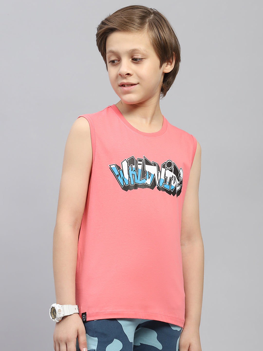 Boys Pink & Black Printed Round Neck Sleeveless T-Shirt (Pack of 2)