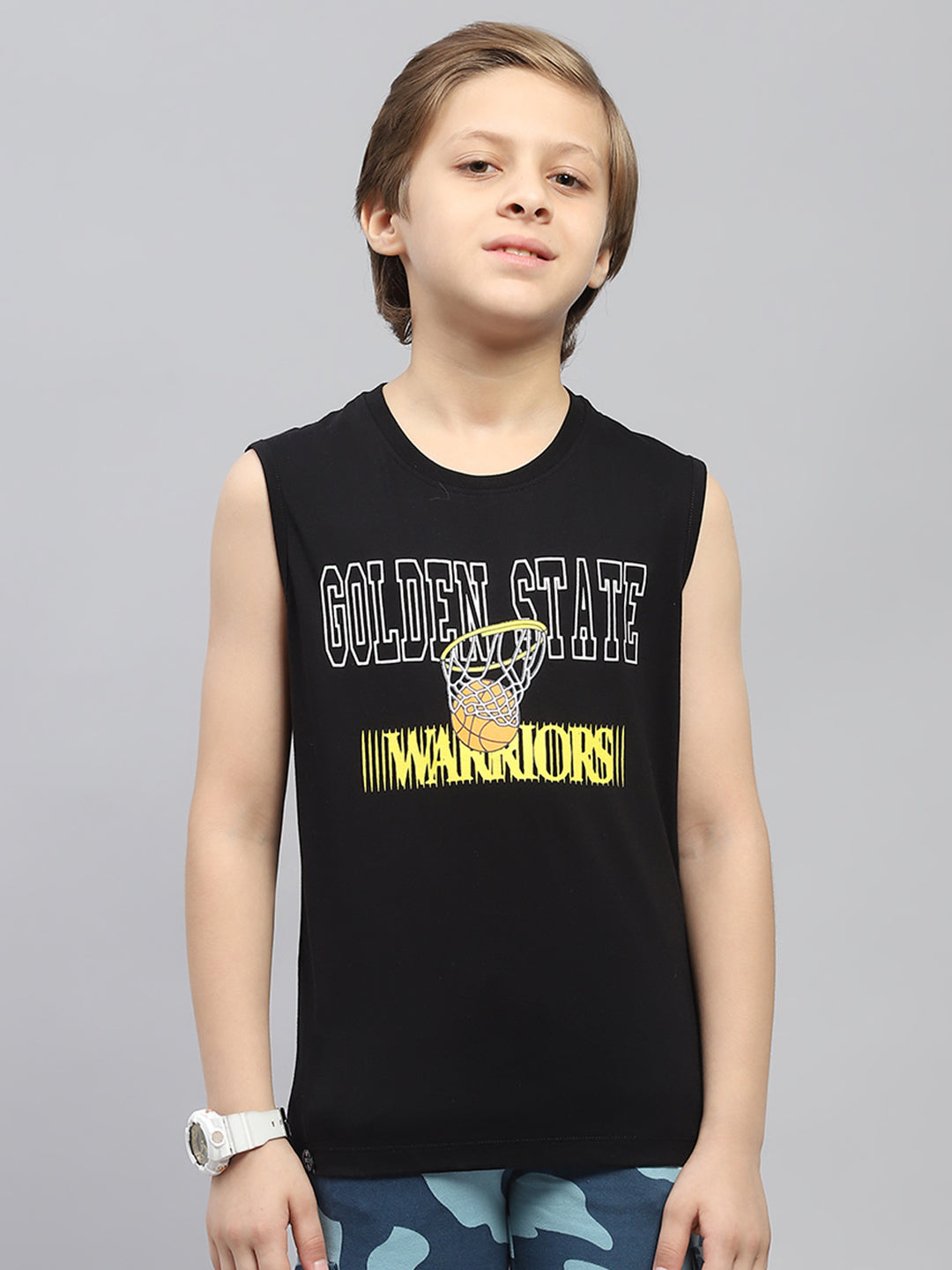 Boys Pink & Black Printed Round Neck Sleeveless T-Shirt (Pack of 2)