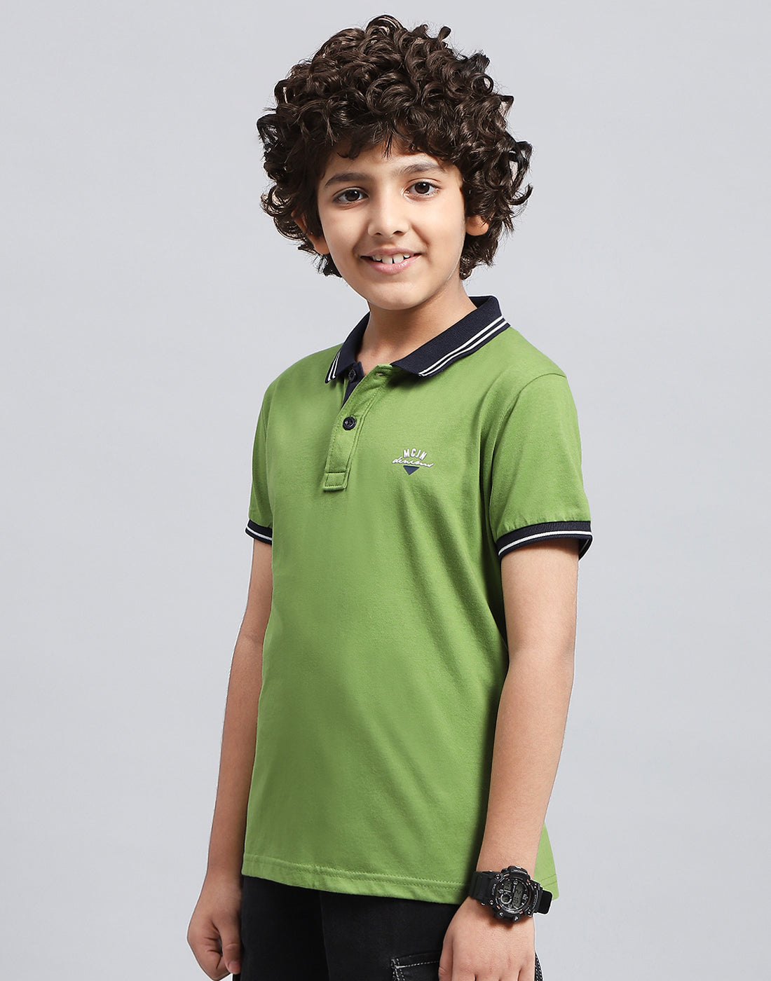 Boys Green Solid Polo Collar Half Sleeve T-Shirt